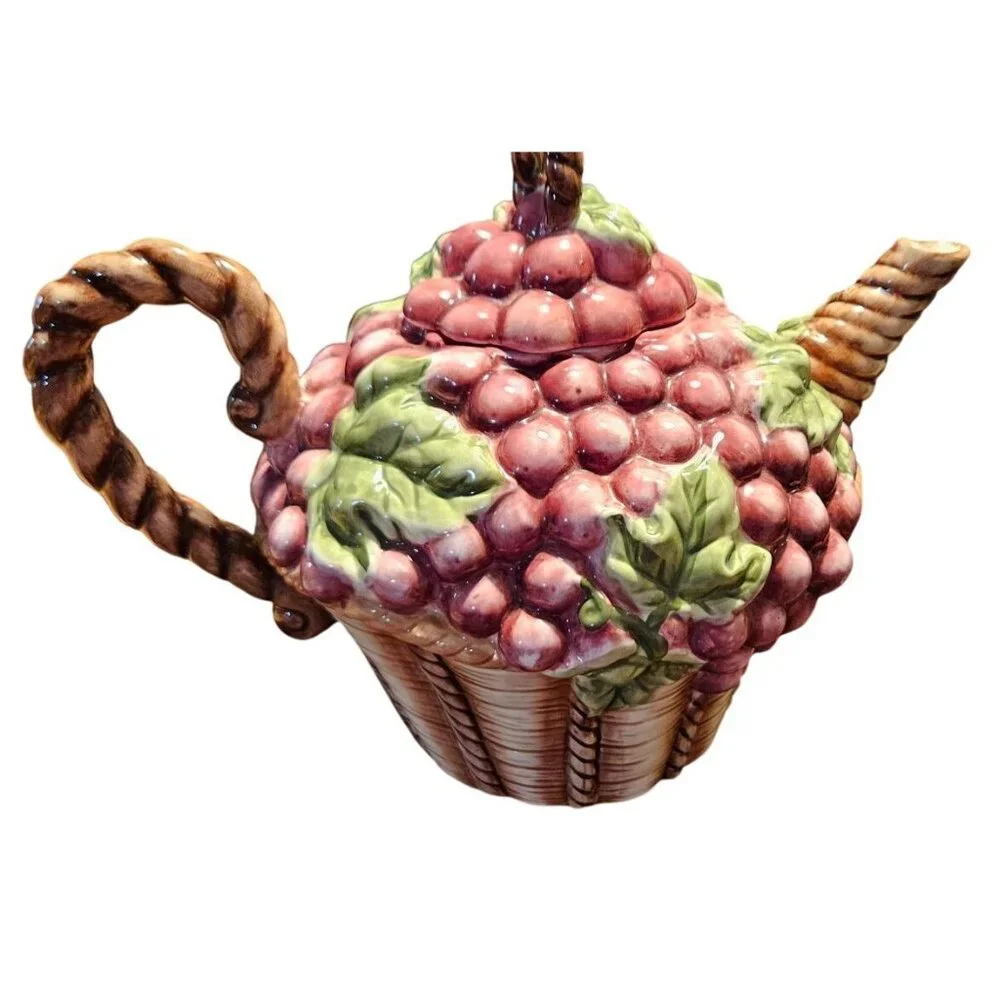 Tea Pot‎ Kitchen Creations Ceramic Grapes Basket & Green Teapot Candle Holder